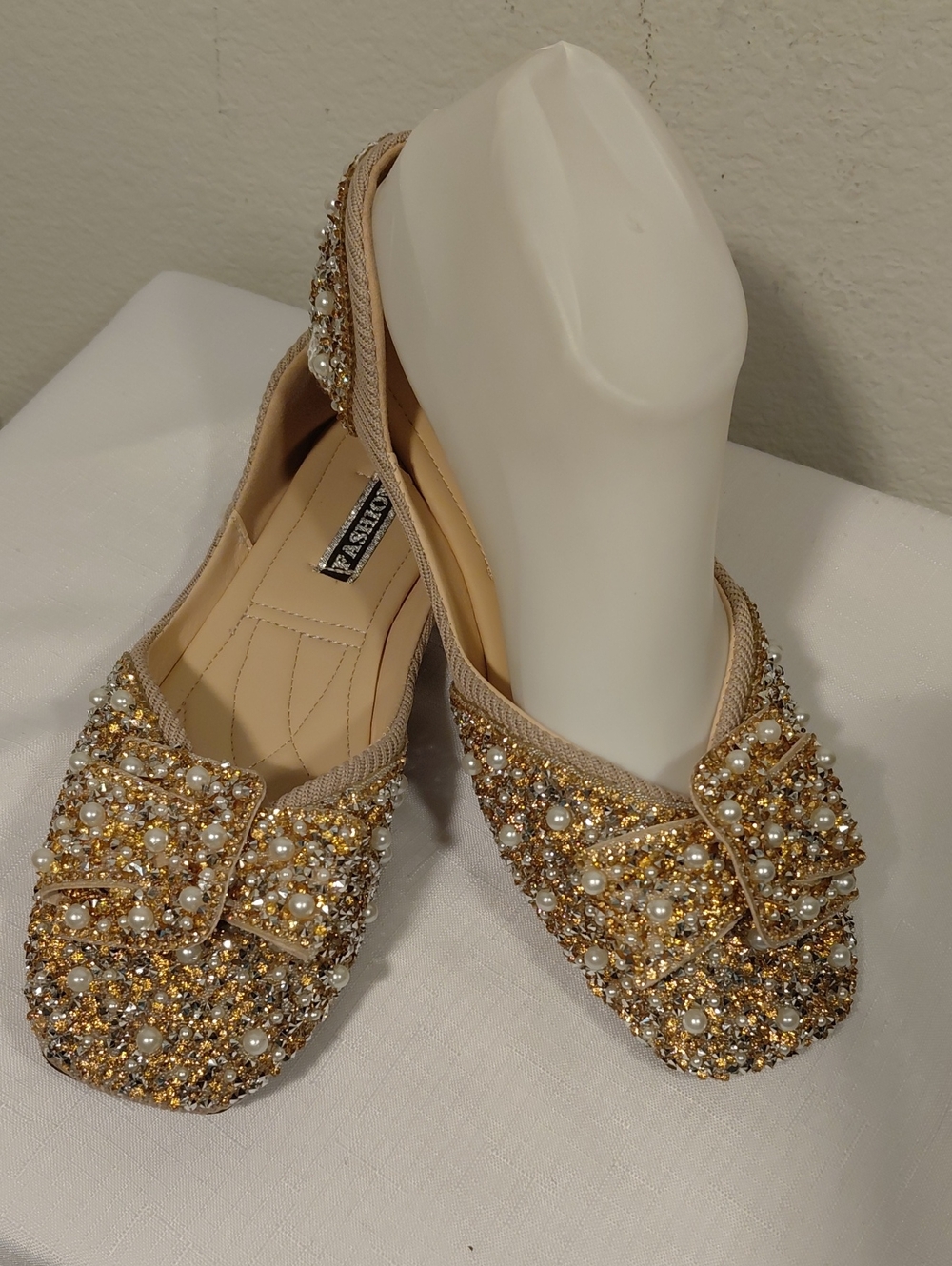 Embellished Gold Pearl Ballet Flats